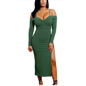 Women's V Neck Long Sleeve Off The Shoulder Evening Bodycon Club Midi Dress